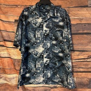 Hard Rock Cafe Dallas Mens XL Button Up Shirt Guitar All Over Print Blue Poly
